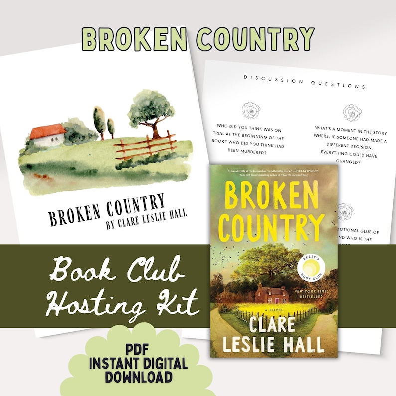 Op de afbeelding: Een boekclub-hostingkit voor de roman "Broken Country" van Clare Leslie Hall. De kit bevat een discussiehandleiding en een digitale download van de boekomslag.