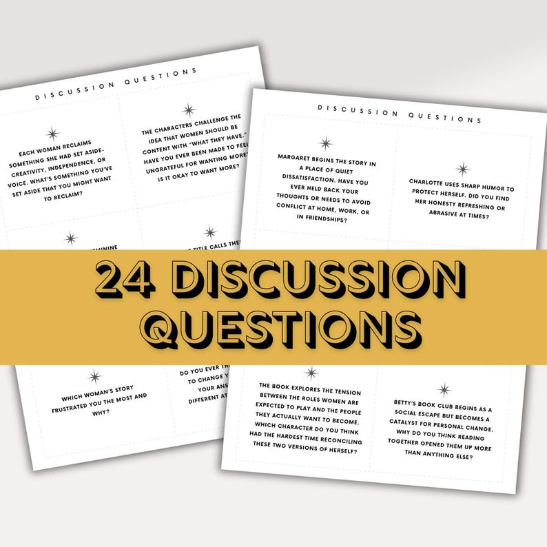 Puede incluir: Un conjunto de tarjetas de preguntas de discusi&oacute;n con texto negro sobre un fondo blanco. Las tarjetas est&aacute;n dispuestas sobre un fondo amarillo con el texto "24 DISCUSSION QUESTIONS" en letras negras grandes y en negrita.