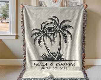 Palm Tree Custom Couple Name Date Blanket, Personalized Woven Blanket, Custom Destination Wedding, Keepsake Anniversary Gift, Beach Wedding