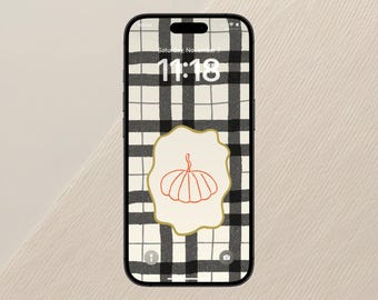 Telefoonbehang herfst, telefoonachtergrond Thanksgiving: minimalistische zwarte plaid met pompoen (digitale download)