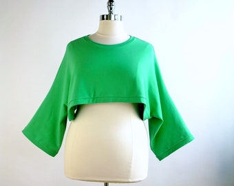Pullover Cropped Top/ Kimono Sleeve Shrug/Boho Top/Green French Terry Knit Cover Up/Shoulder Sweater/Gift for Her/Plus Size Top/L-XXL