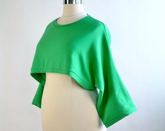 Pullover Cropped Top/ Kimono Sleeve Shrug/Boho Top/Green French Terry Knit Cover Up/Shoulder Sweater/Gift for Her/Plus Size Top/L-XXL