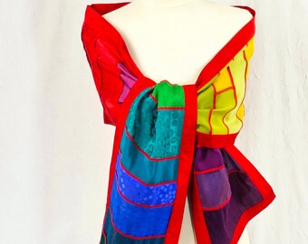 Silk Scarf/Rainbow Color Patchwork Scarf/Upcycled Silk Multicolor Scarf/Long Multi-colored Scarf