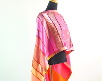 Summer Shawl, Long Silk Patchwork Scarf, Long Patchwork Wrap, Evening Wrap, Elegant Evening Shawl, Peach and Pink Silk Wrap