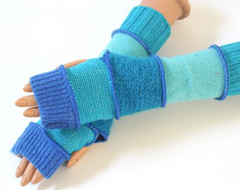 Fingerless Gloves, Hand Warmers,(Patched Azure Blue, Aqua Marine, Dark Teal Mohair, Light Turquoise, Aqua Marine) by Brenda Abdullah