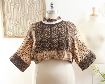 Cropped Top/Shrug/Kimono Sleeve Shrug/Long Sleeve Cropped/Boho Tee/Animal Print Tee/Animal Print Shrug/Cover Up/Brown, Beige Top/Size 1X-2X