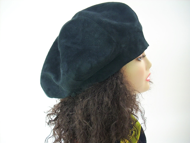 Oversized Black Beret, Black Satin Lined Beret/Faux Suede Beret, Roomy Tam, Adjustable Size Hat, Dreadlock Hat image 1