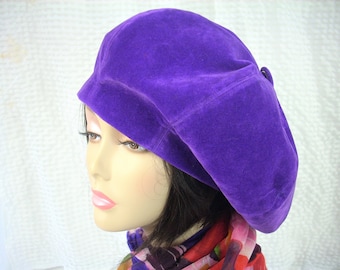 Oversized Violet Velveteen Beret: Satin Lined Tam Hat (Size Small-Medium)
