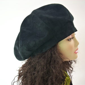 Oversized Black Beret, Black Satin Lined Beret/Faux Suede Beret, Roomy Tam, Adjustable Size Hat, Dreadlock Hat image 6