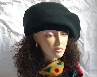 Beret/Tam/Size L-XL/Hat for Large Size Heads/Oversize Fleece Beret with Stretch Velvet Band, Full Black Tam, 24/25 inch (60-63 cm) Headband