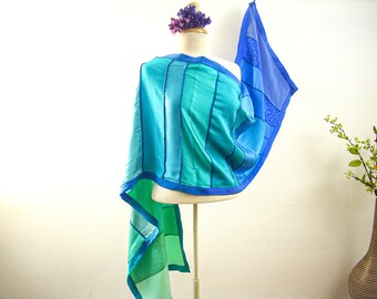 Summer Shawl, Long Silk Patchwork Scarf, Handmade Patchwork Wrap, Cover-up Scarf, Blue and Turquoise Scarf