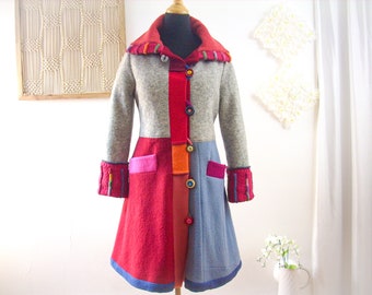 Upcycled Wool Sweater Coat: Color Block Patchwork, Size Medium