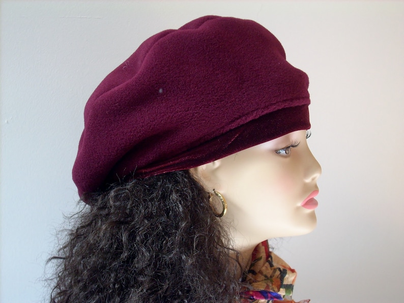 Oversized Beret, Slouchy Beret, Burgundy Tam, Fleece Beret with Stretch Velvet Band Headband, Multi-sizes image 9