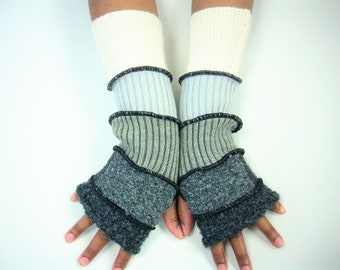 Fingerless Gloves, Hand Warmers (Nubby Dark Gray/Patched Medium Gray/Ribbed Gray/Light Gray/Patched Off white) by Brenda Abdullah