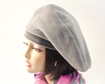 Oversized Slouchy Beret/Gray Slouchy Tam/Fleece Beret with Stretch Velvet Headband, Hat for Dread Locks/ in Multi-sizes