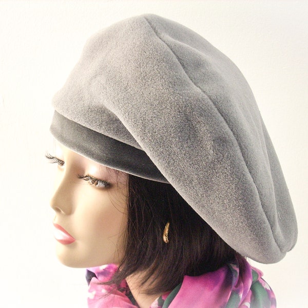 Oversized Slouchy Beret/Gray Slouchy Tam/Fleece Beret with Stretch Velvet Headband, Hat for Dread Locks/ in Multi-sizes