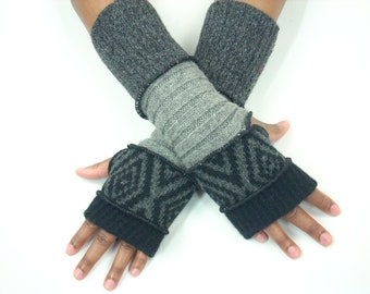 Vingerloze handschoenen, handwarmers voor hem of haar (zwart / zwart, grijs diamantpatroon / geribbeld grijs / houtskool tweed) door Brenda Abdullah