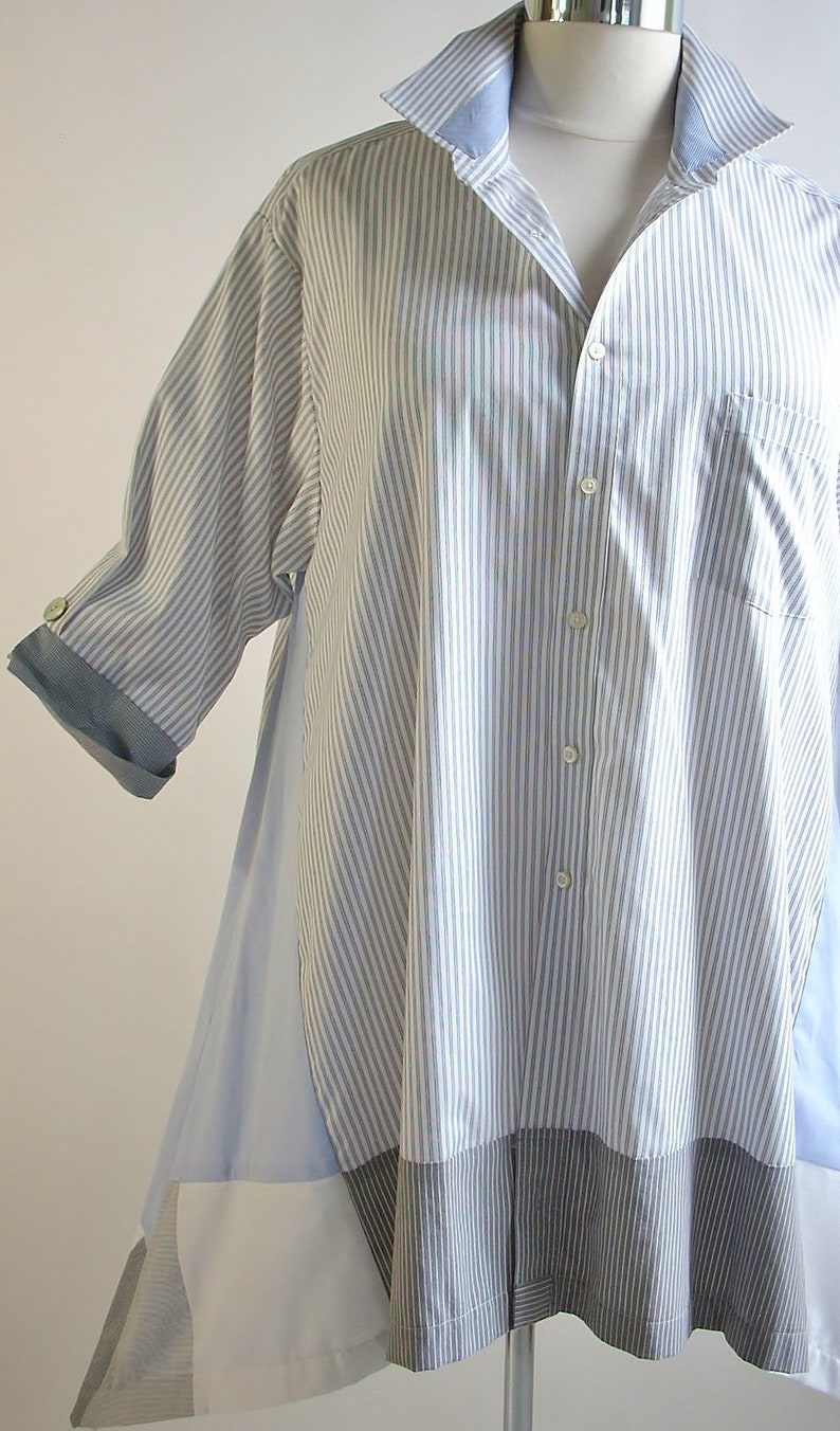 2X Women/'s Upcycled TunicBoho Altered ClothingHigh Low HemBoho Recycled ShirtBlue,White