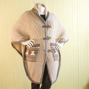 Upcycled Wool Knit Poncho: Beige Cable Knit Shawl with Pockets