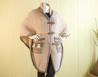 Sweater Knit Poncho/ Wool Sweater Poncho/One of a Kind Poncho/Artisan Handmade Clothing/ Beige Wool Knit Shawl/One Size