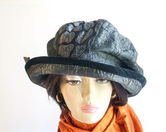 Slouchy Wide Brim Hat: Gray Crinkle Taffeta, Velvet Trim
