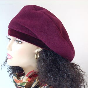 Oversized Beret, Slouchy  Beret, Burgundy Tam, Fleece Beret with Stretch Velvet Band Headband, Multi-sizes, Hat for Larger Heads