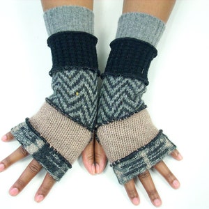 Fingerless Gloves, Hand Warmers (Print Gray, Beige/Camel/Black, Gray Zig Zag/Black/Medium Gray) by Brenda Abdullah