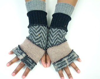 Fingerless Gloves, Hand Warmers (Print Gray, Beige/Camel/Black, Gray Zig Zag/Black/Medium Gray) by Brenda Abdullah