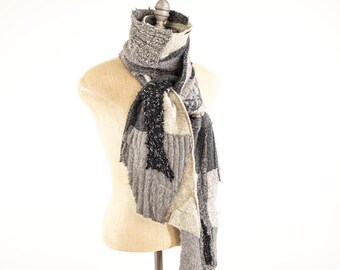 Upcycled Patchwork Wool Scarf: Long Reversible Knit Collage, Black and Gray #3