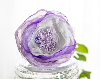 Lavender Organza Flower Brooch: Upcycled Fabric Pin, Handmade Textile Jewelry