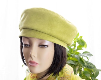 Light Lime Green Faux Suede Beret: Adjustable Pillbox Tam