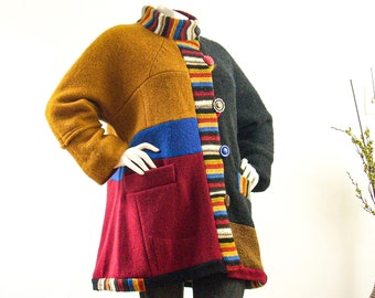 Women's Coat/Handmade Plus Size Coat/One of a Kind /Artisan Made Patchwork Jacket/Color Block, Multicolor Stripe/Women Size 2X-3X