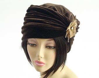 Brown Velvet Slouchy Hat: Reversible Stretch Turban
