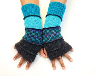 Upcycled Wool Fingerless Gloves: Fleece Lined Eco-Conscious Hand Warmers in Turquoise and Black