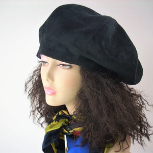 Oversized Black Beret, Black Satin Lined Beret/Faux Suede Beret, Roomy Tam, Adjustable Size Hat, Dreadlock Hat image 2