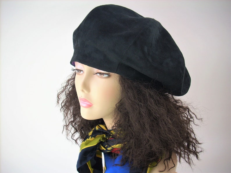 Oversized Black Beret, Black Satin Lined Beret/Faux Suede Beret, Roomy Tam, Adjustable Size Hat, Dreadlock Hat image 2