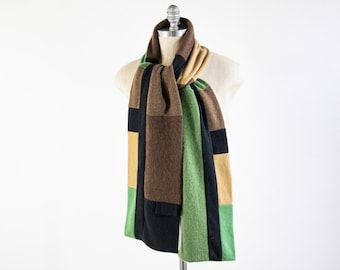Reversible Color Block Cashmere Scarf: Green, Brown, Gray, Black & Gold