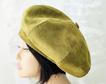 Oversized Olive Green Beret: Faux Suede Satin-Lined Hat