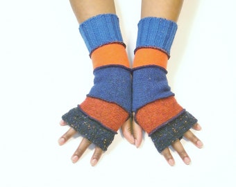 Fingerless Gloves, Wrist Warmers (Speckled Navy/Rust/Dark Blue/Deep Orange/Blue ) Brenda Abdullah