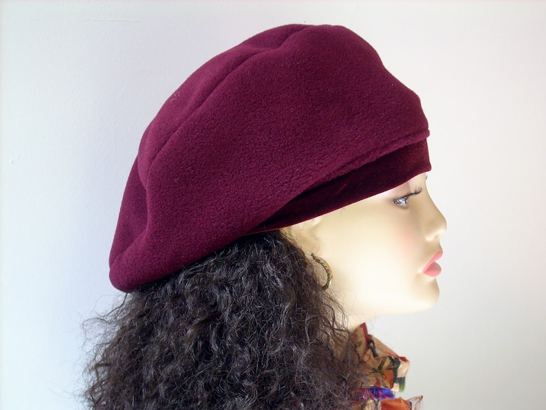 Oversized Beret, Slouchy Beret, Burgundy Tam, Fleece Beret with Stretch Velvet Band Headband, Multi-sizes image 4