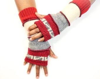 Upcycled Wool Fingerless Gloves: Burgundy , Gray and Ivory Fleece Lined Eco-Conscious Hand Warmers