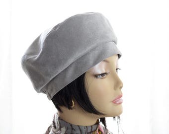 Silver Gray Faux Suede Beret Pillbox Hat: Adjustable Fit