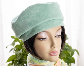 Mint Green Faux Suede Beret: Classic Pillbox Tam, Adjustable Fit