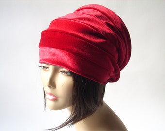 Velvet Hat/Red Slouchy Hat/Stretch  Velvet Hat for Dressy and Casual Wear/Hat for Locks/Multi Sizes & Colors/Reversible