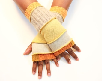Upcycled Wool Fingerless Gloves: Fleece Lined Eco-Conscious Hand Warmers in Yellow and Beige
