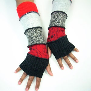 Fingerless Gloves, Hand Warmers (Black/Red Embroidered/Black, Cream Tweed/Light Gray/Red) by Brenda Abdullah