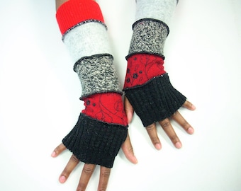 Fingerless Gloves, Hand Warmers (Black/Red Embroidered/Black, Cream Tweed/Light Gray/Red) by Brenda Abdullah