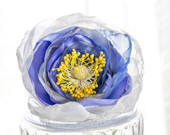 Upcycled Fabric Flower Brooch: Cornflower Blue & White Organza Pin
