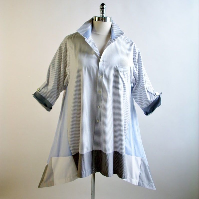 2X Women/'s Upcycled TunicBoho Altered ClothingHigh Low HemBoho Recycled ShirtBlue,White