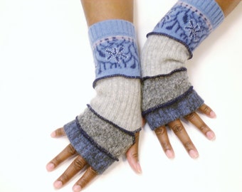 Fingerless Gloves, Wrist Warmers (Heather Blue, Heather Gray, Light Gray, Beaded Blue Print ) Brenda Abdullah